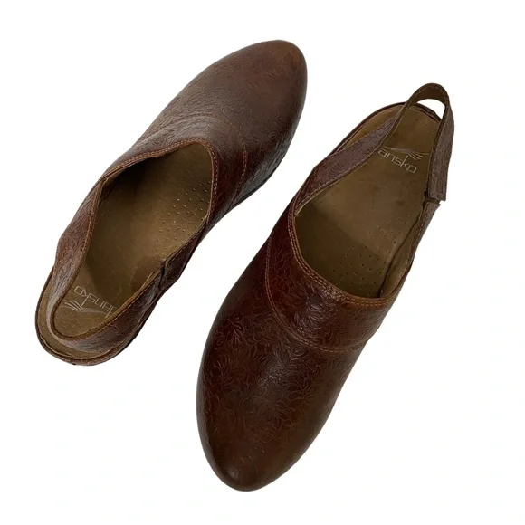 Dansko Floral embossed Brown Leather Slip on Strap Clogs (10) - Picture 3 of 9